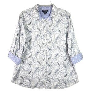 Chaps Womens 2XT No Iron Blue White Paisley Print 3/4 Sleeve Blouse Flip Cuff